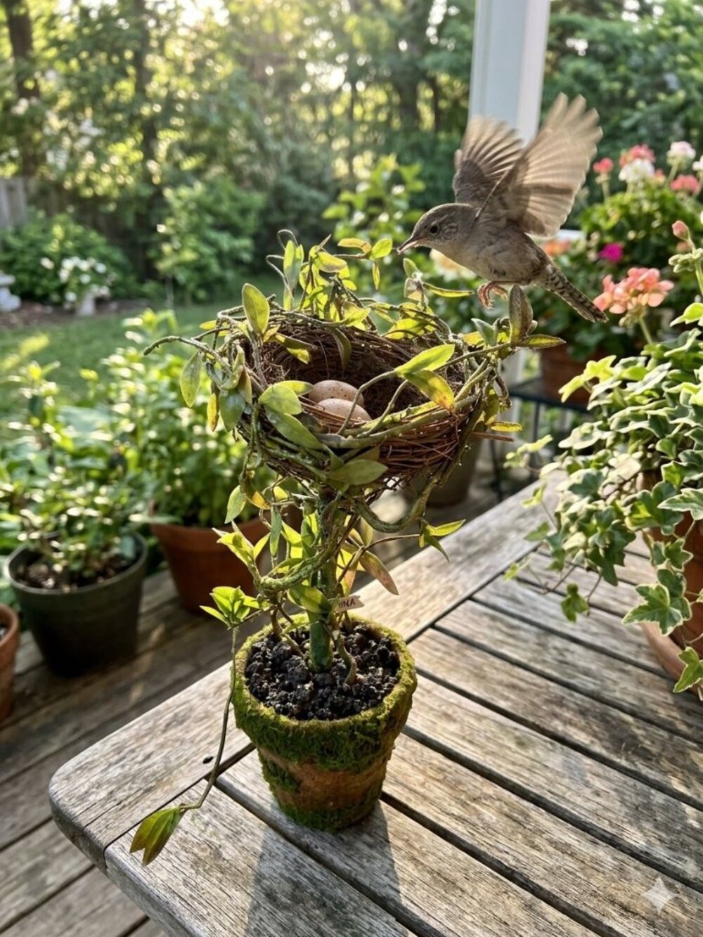 Faux Bird's Nest Topiary Plant in Moss Covered Pot Decor